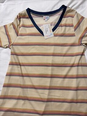 NWT, LuLaRoe Cream Striped V-Neck Tee with Navy Trim
